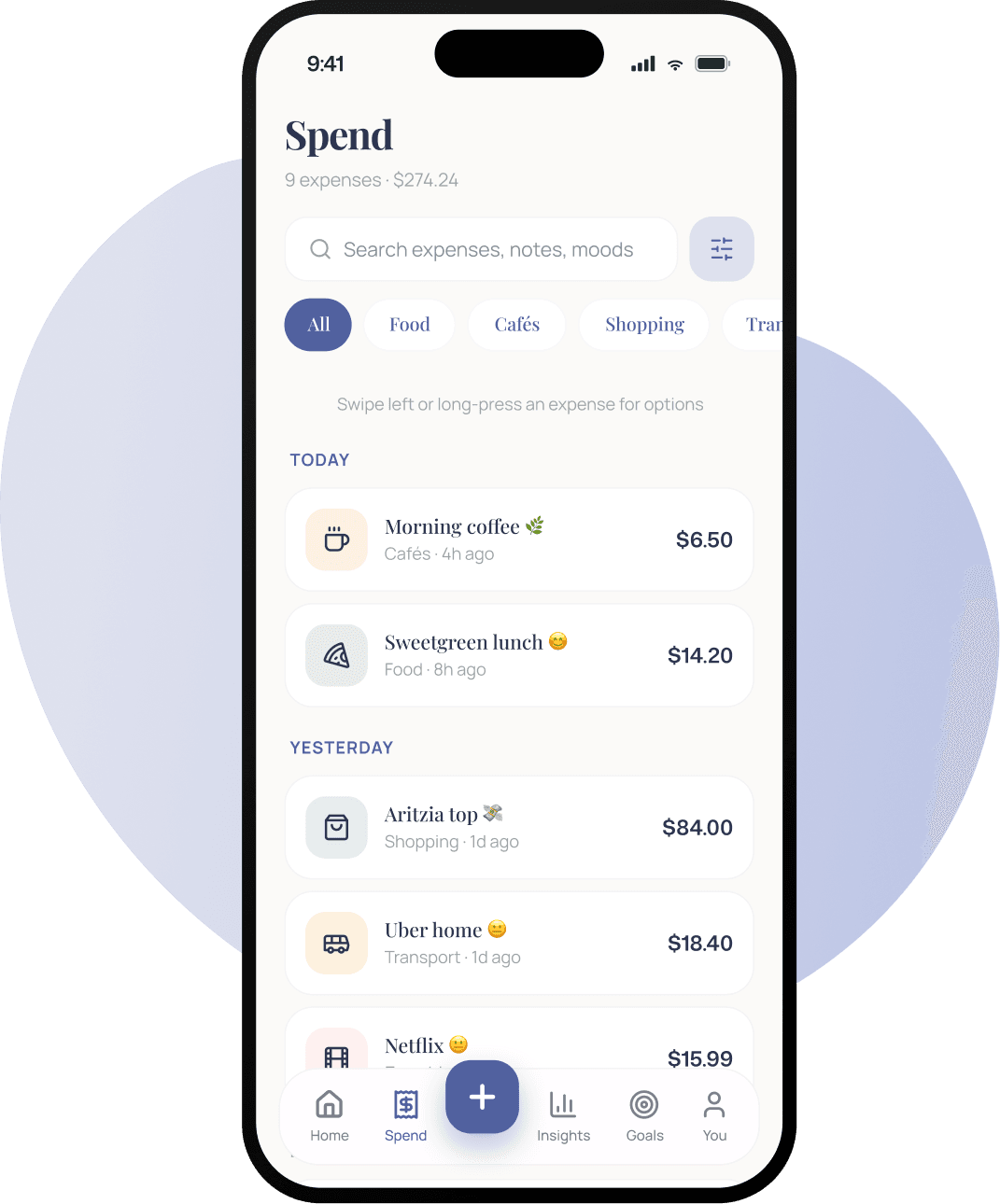 Mobile app interface showing expense tracking